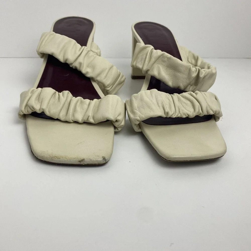Staud Womens Size 37 Frankie Ruched‎ Leather Mules Block Heel Strap Sandal Ivory